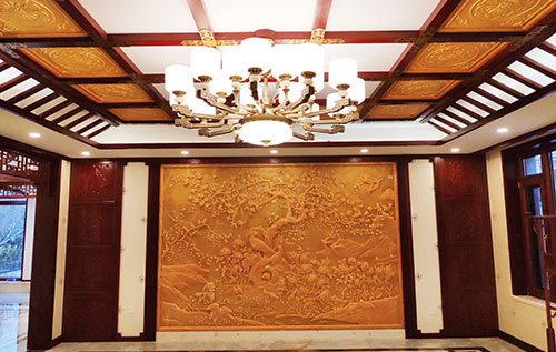 柘荣中式别墅客厅中式木作横梁吊顶装饰展示